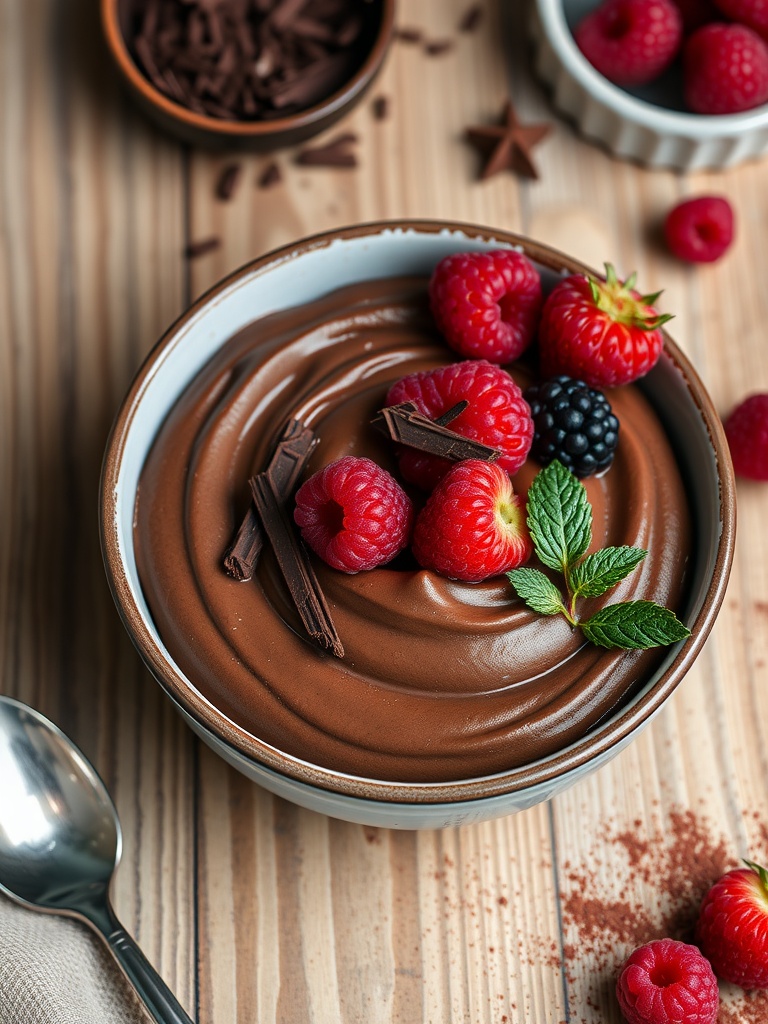 A bowl of chocolate avocado mousse garnished with chocolate shavings and berries on a rustic wooden table.